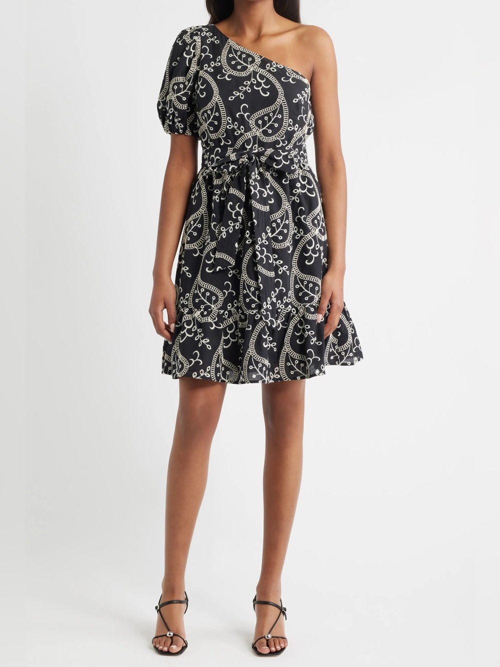 One-Shoulder Puff Sleeve Cotton Dress